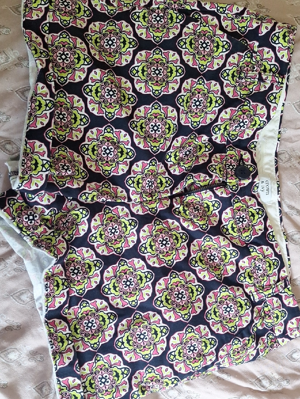 crown & ivy Pink and Lime Green Floral Tile Print Shorts
